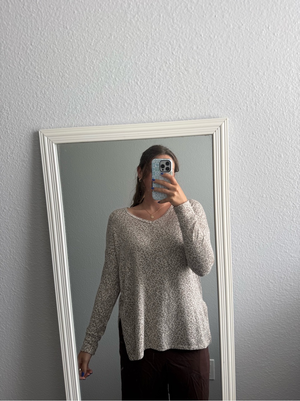 American Eagle Outfitters Neutral Leopard V-Neck Sweater — Beige Taupe